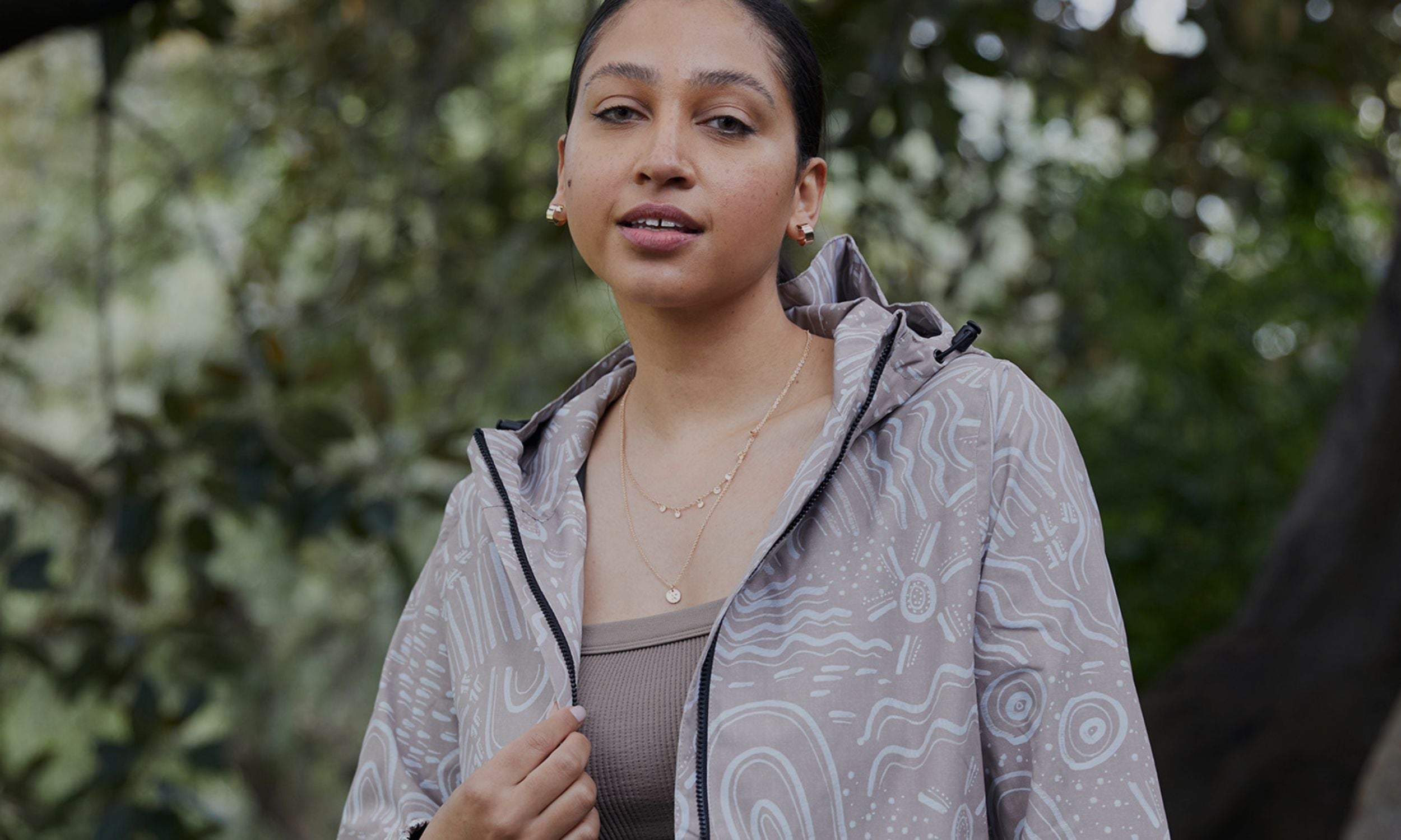 Model wearing the Amble Elements Jacket in nature